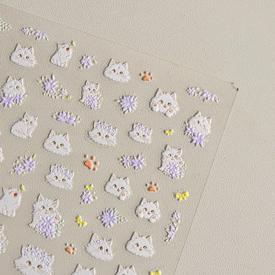 5D Relief Lovely White Cat Wangcai Laifu Black Spot Pet Colorful Flowers Cake Adhesive Nail Art Stickers Decals Manicure Charms