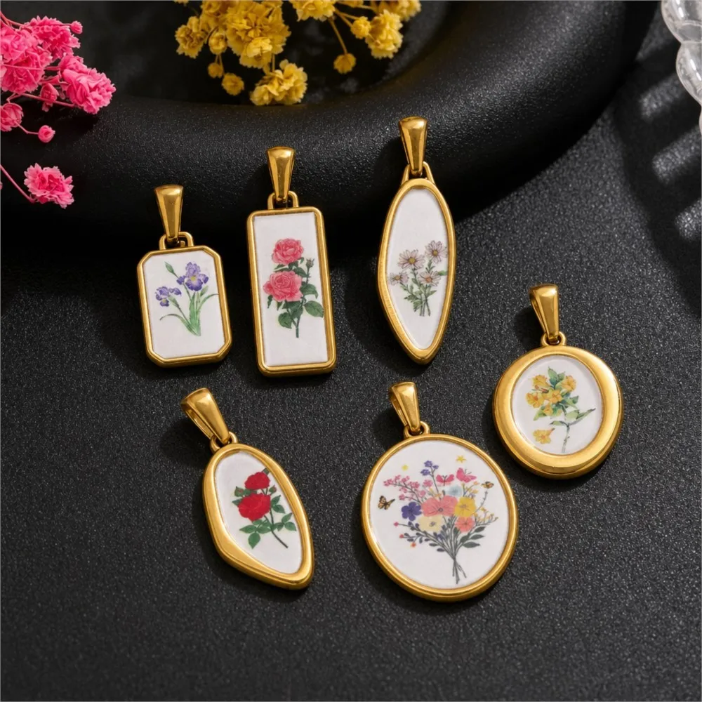 2pcs Enamel Rose Dried Flower Charms Stainless Steel Gold Pendant for DIY Necklace Earring Jewelry Making Findings Wholesale image 3