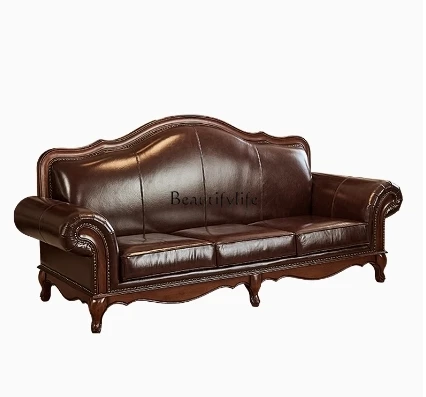 

American neoclassical gold silk teak all solid wood leather sofa