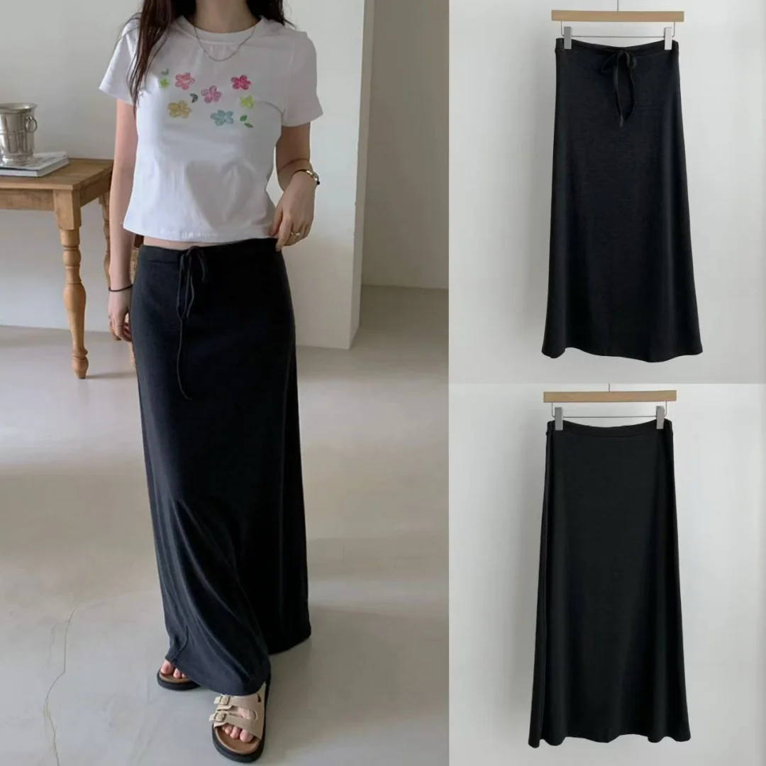 Long Wide Leg Korean Style Half Body Skirt Women's Loose Fit High Waist Belted Casual Pure Color Versatile Long Skirt