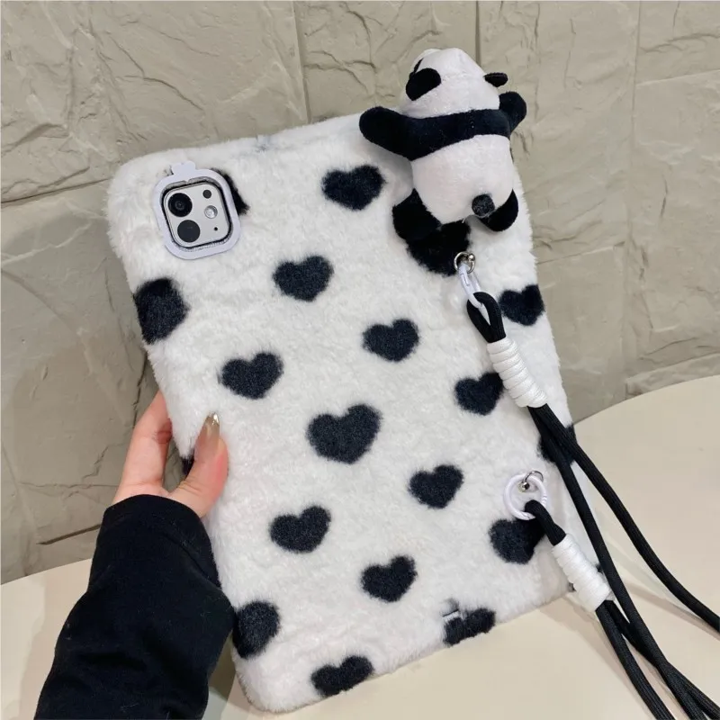 

3D Panda Plush Furry Love Heart with Crossbody Lanyard Tablet Case for Lenovo Pad Pro 12.7in Soft Shockproof Protective Cover