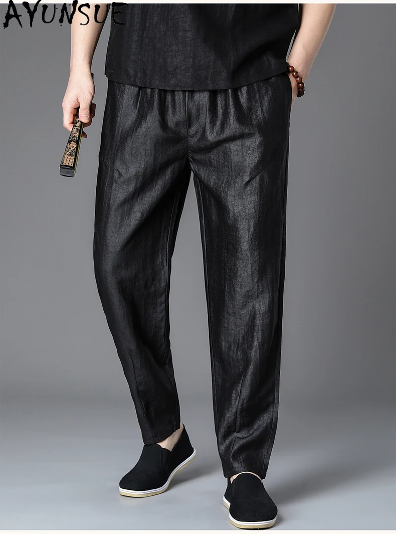 AYUNSUE 100% Mulberry Silk Men Trousers Harem Pants Mens Clothing Summer Casual Trouser Chinese Style Straight Pants 여름바지