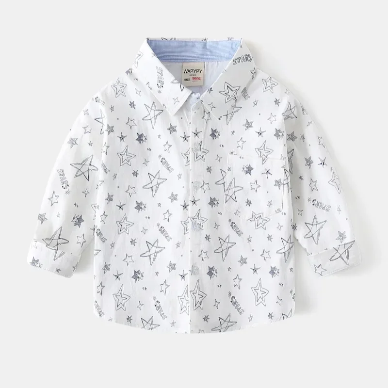 Boys Fashion Five-pointed Star Full Print Shirt New 2025 Spring Autumn Kids Long Sleeve Lapel Shirts Tops Child Casual Clothing