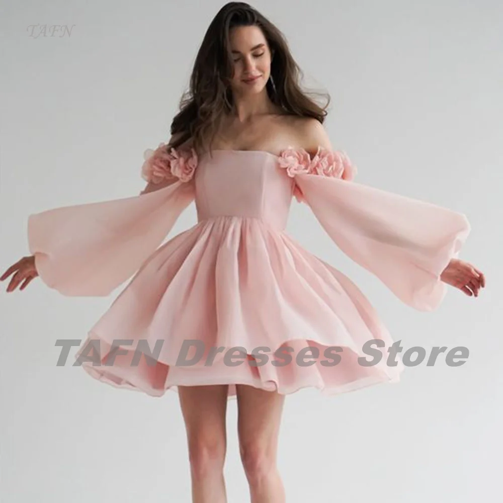 

TAFN Princess Pink Party Gown Pleat Flowers Off the Shoulder Full Sleeves Prom Dresses A-line Draped vestidos de festa Lace-up