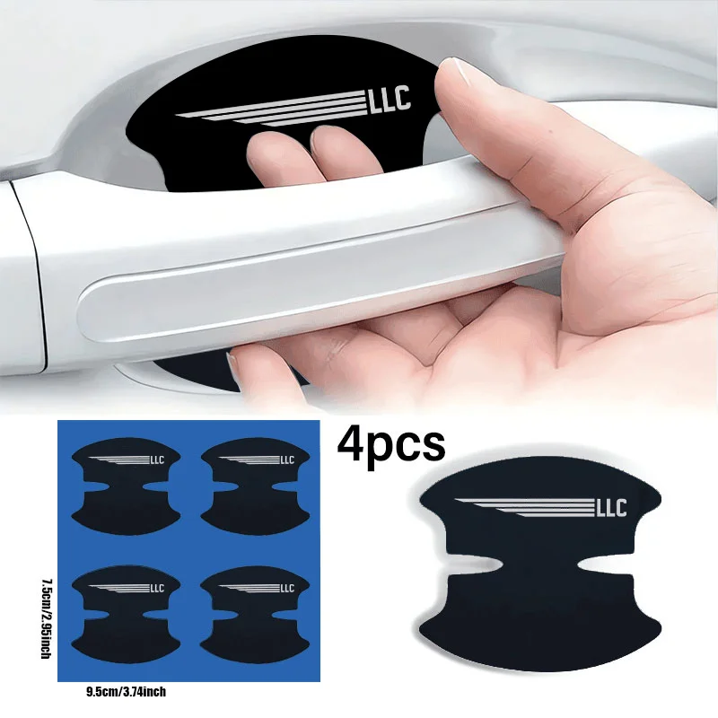 4Pcs Striped Car Door Handle Anti-scratch Protective Stickers, Black Background with White Text & Line Vinyl Decals