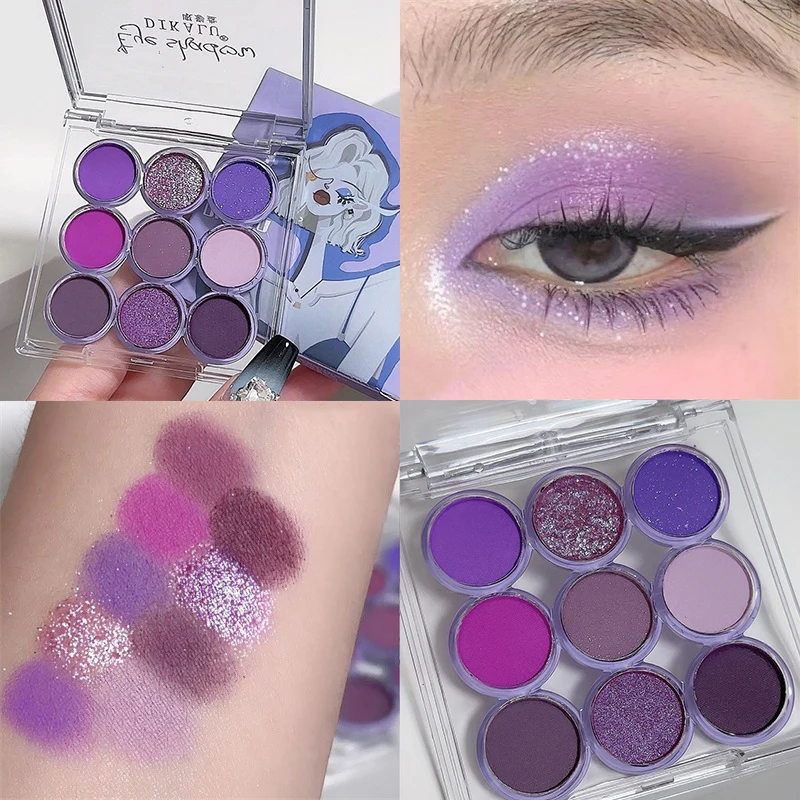 9Colors Glitter Eyeshadow Palette Smoke Purple Lace Shimmer Pearlescent Matte Acrylic Eye Shadows Palette Waterproof Eye Make Up