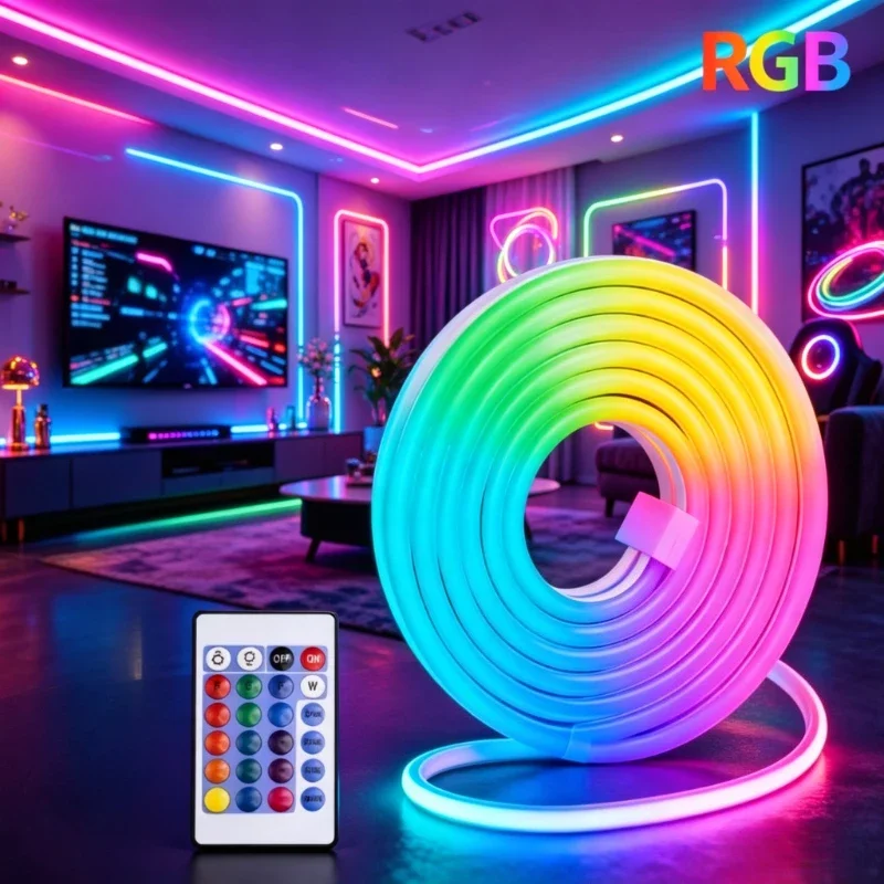 RGB Color Changing Neon Light Strip, 24Keys Remote Control, Cuttable USB Powered for Living Room, Game Room, Holiday Decor