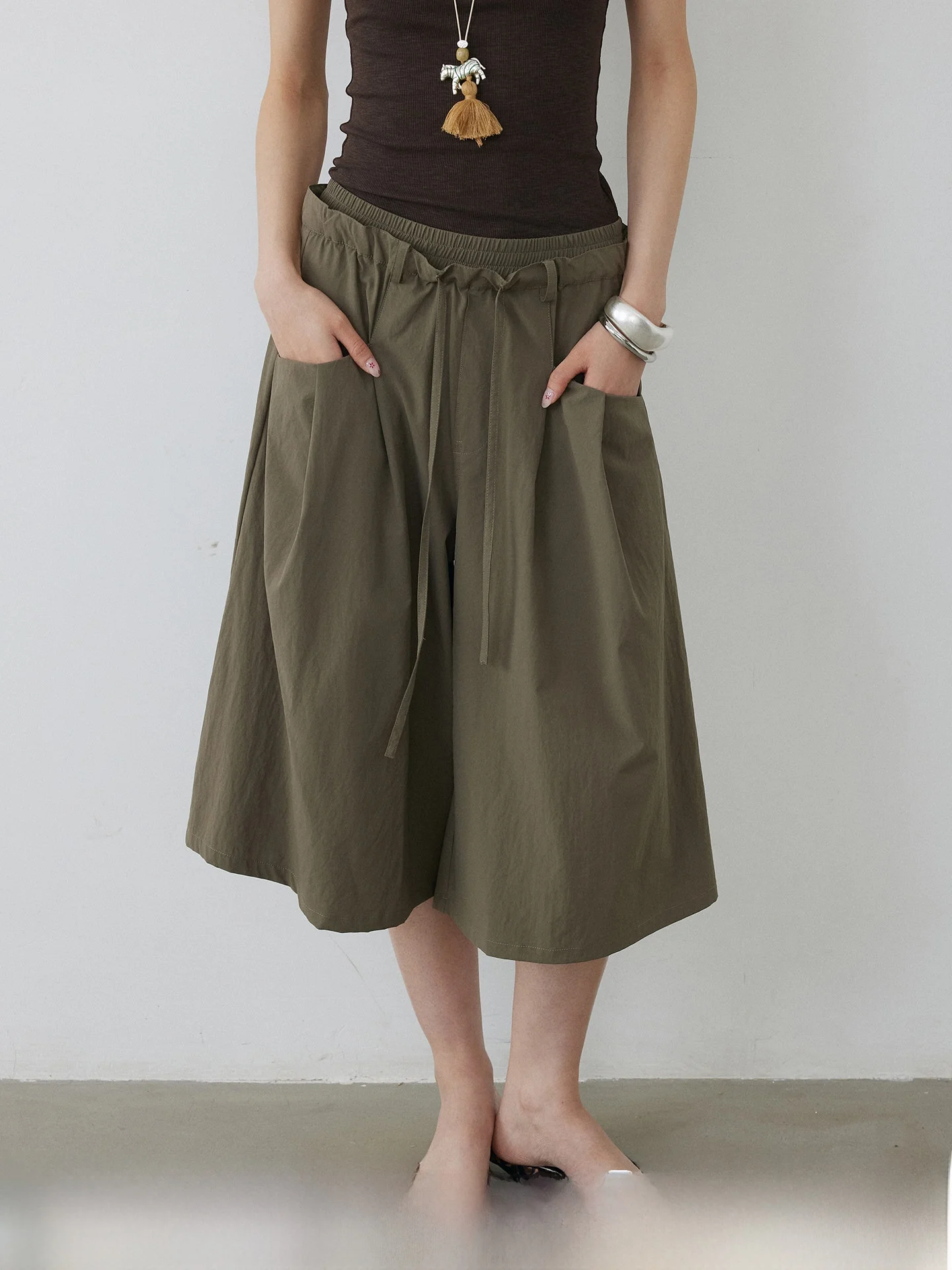 

KEARA Casual Wide Leg Seven-Foot Pants Women's Summer Elastic Waist Loose Slimming Casual Pants Loose Sensation Texture