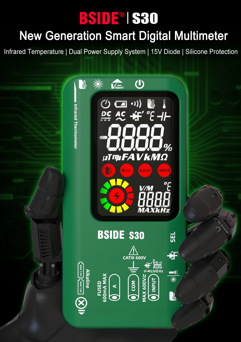 BSIDE Digital Multimeter Smart Infrared Temperature 15V Diode LED Tester True RMS 9999 DC AC Voltage Rechargeable Multiteter DMM