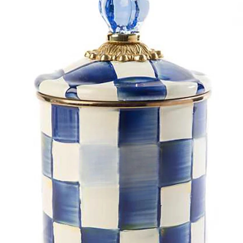 Classic blue and white checkered hand-painted enamel biscuit sealed storage jar