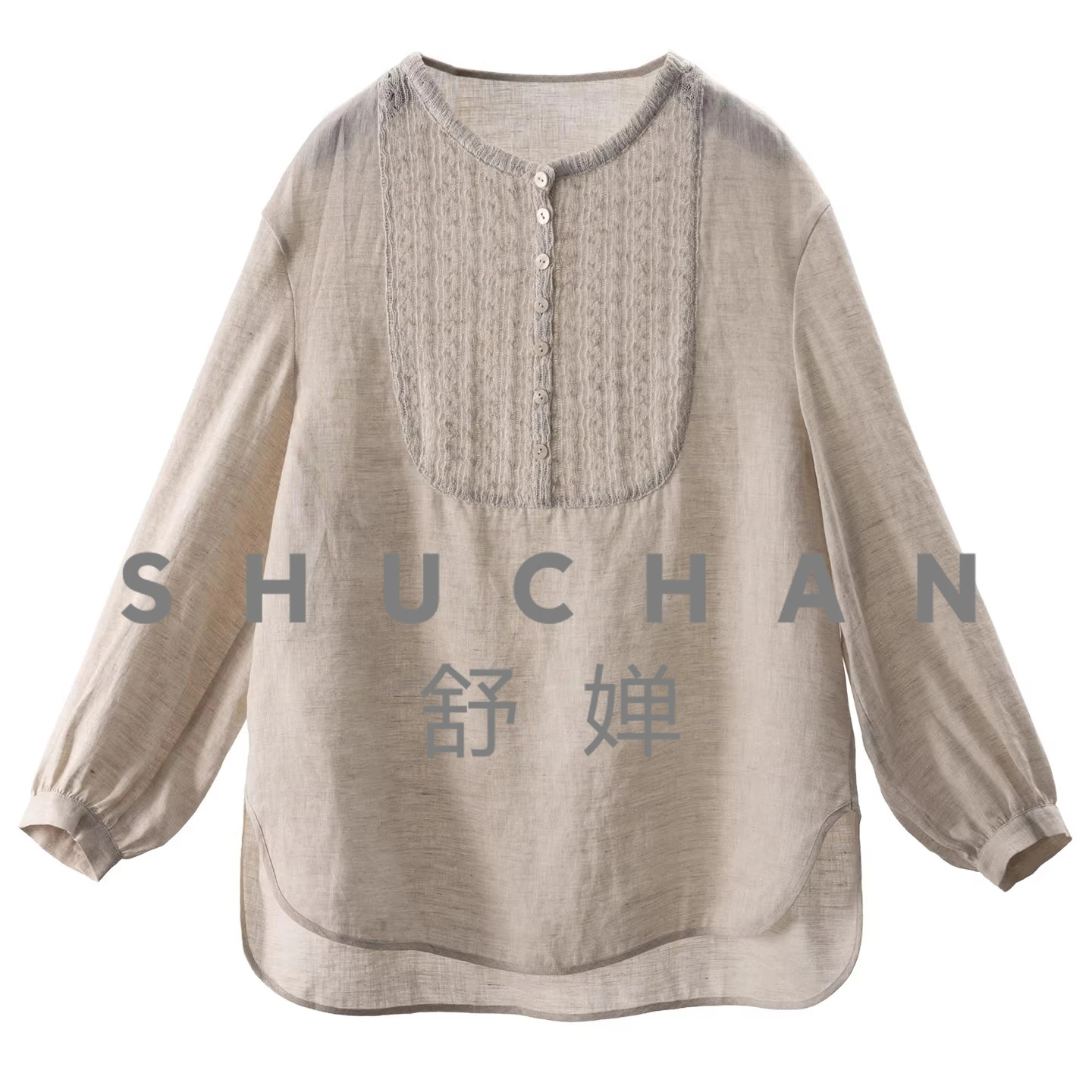

100% Linen Blouse French Extravagant and Loose, Simple European Standard Knitted Round Neck Loose Shirt Women 32G1
