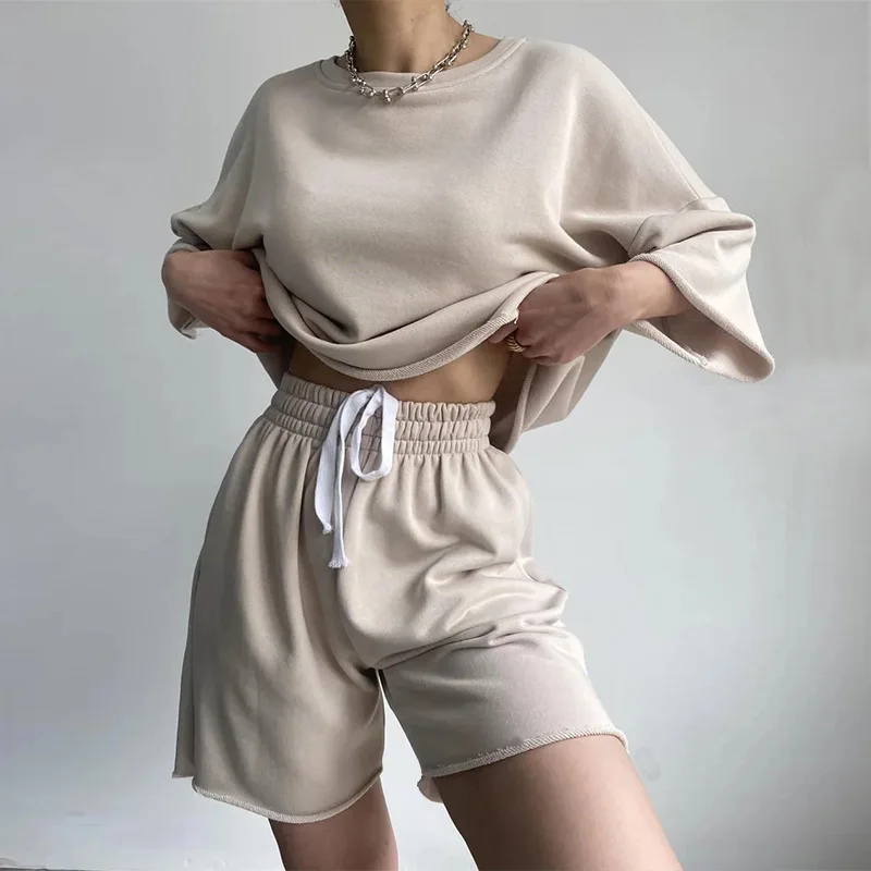 Women New Casual Set Solid Color Short Sleeve Round Neck Loose Tie Shorts Two Piece Outfit