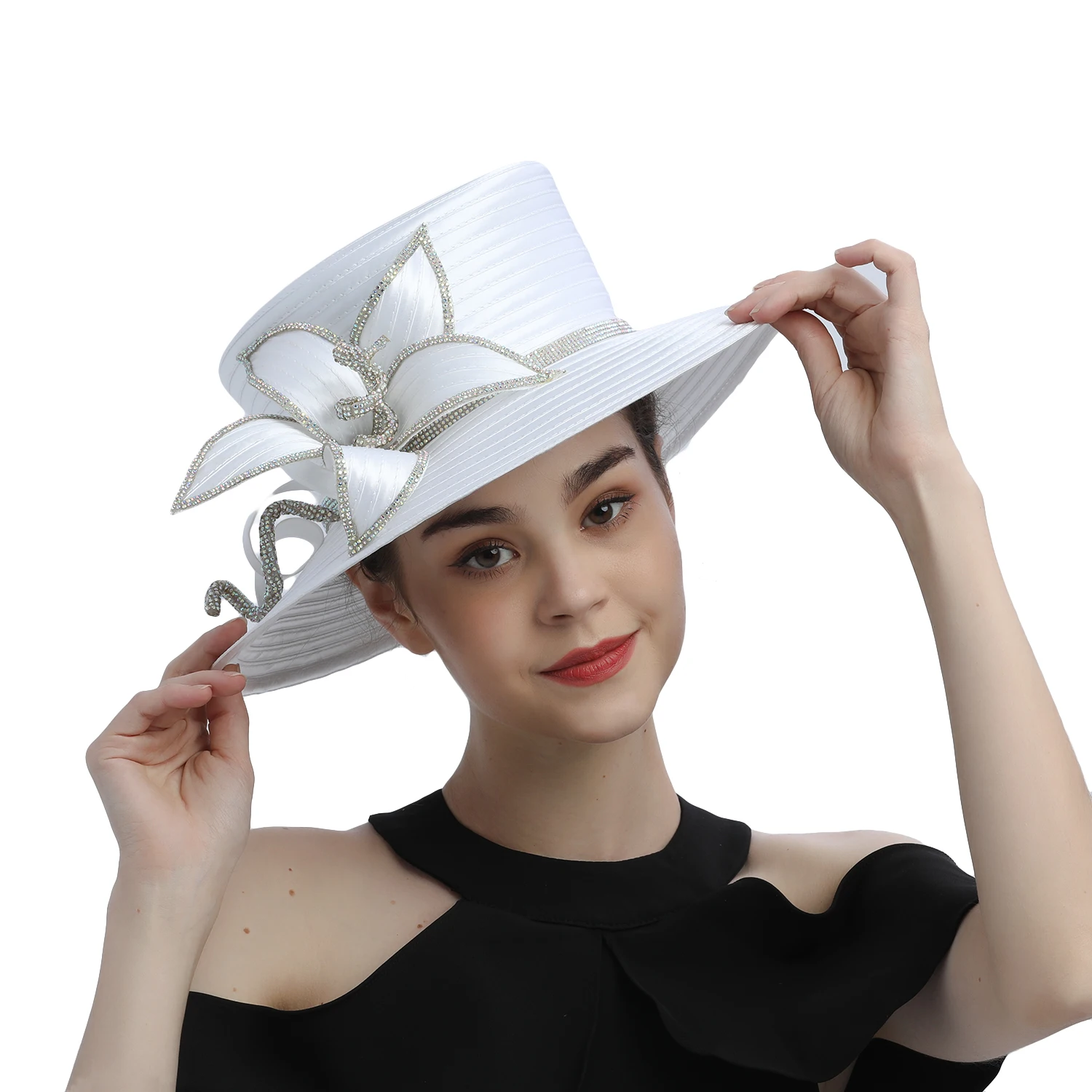 Flower Satin Cloth Rhinestone Church Hat Photography Top Hat Fashion Female Banquet Fascinator Wedding Formal Hat Women Ladies
