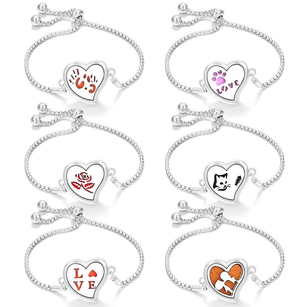 Rose Flower Cat Bracelet Aromatherapy Essential Oil Diffuser Women Love Heart Shape Perfume Lockets Bangle Jewelry Accessories