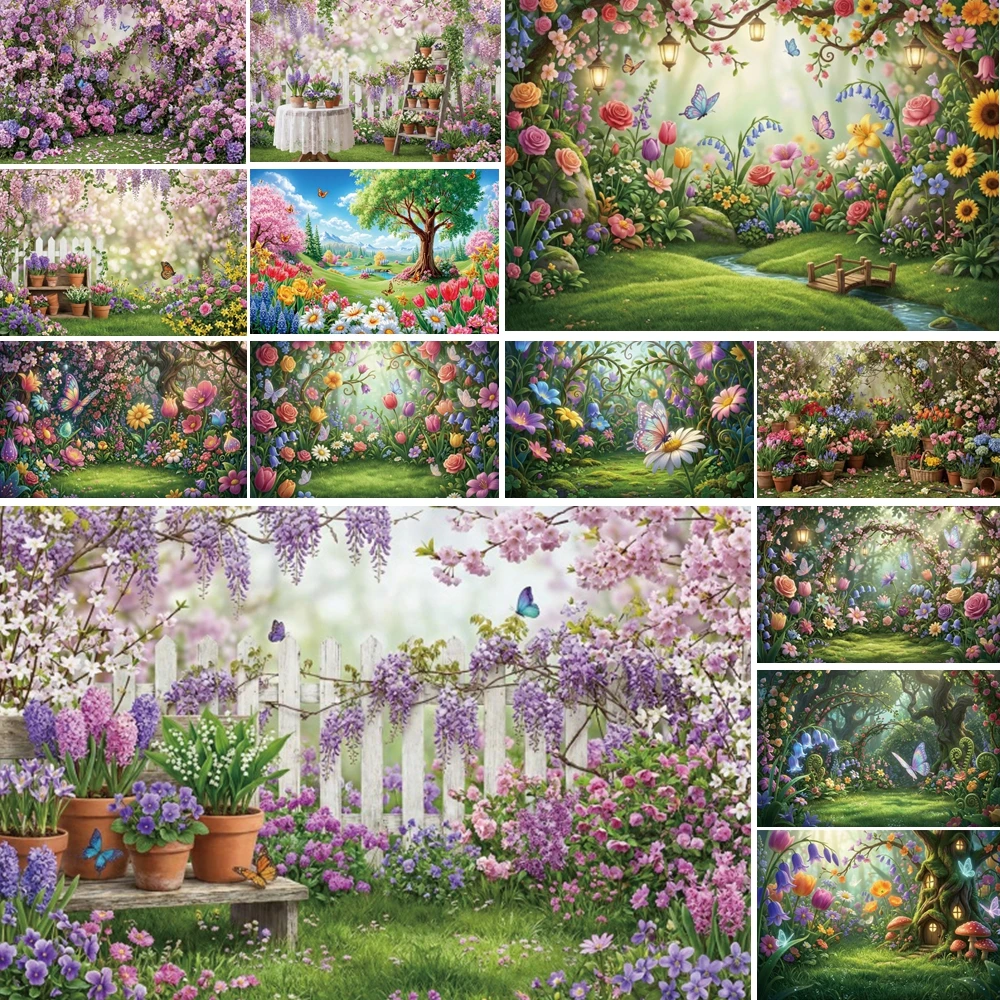 

MOON.QG Garland Flower Backdrop Butterfly Spring Nature Backgrounds For Photographs Wallpaper Decor Shooting Props Photozone