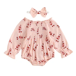 Baby Girls 'Candy Cane Print Romper de Natal, Macacões Smocked, Manga Longa, Bow Headband Outfits, Roupas Femininas