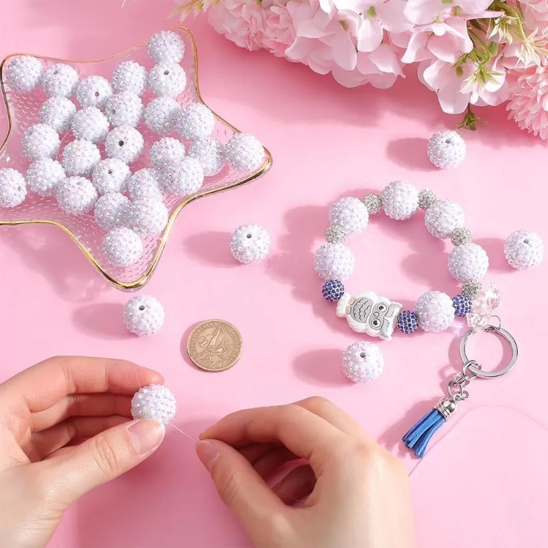 40Pcs Chunky Resin Rhinestone Beads 20mm White Rhinestone Round Beads Disco Ball Beads Chunky Bead Bulk Bubblegum Beads Spacer