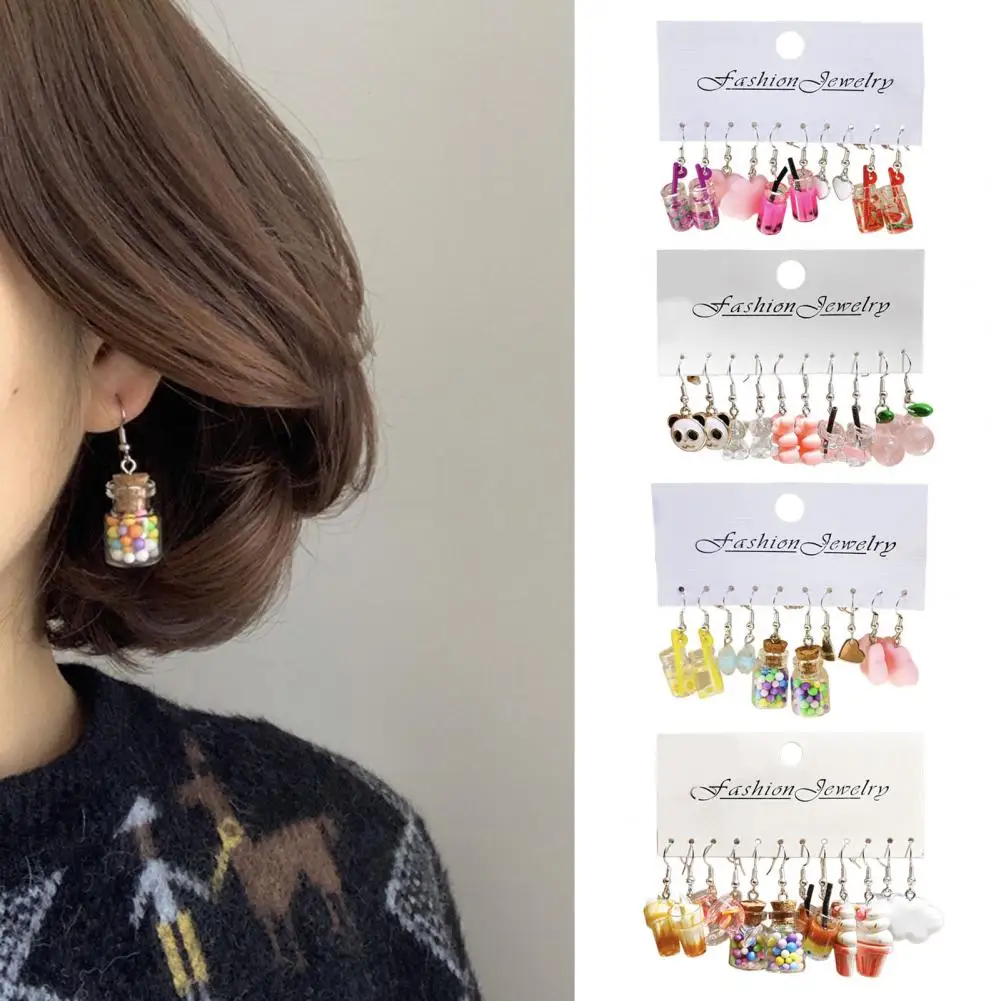 Lady Dangle Earrings Adorable Cartoon Earrings Set with Fun Drinking Bottle Shapes Sweet Food Colors Acrylic Hook for Women