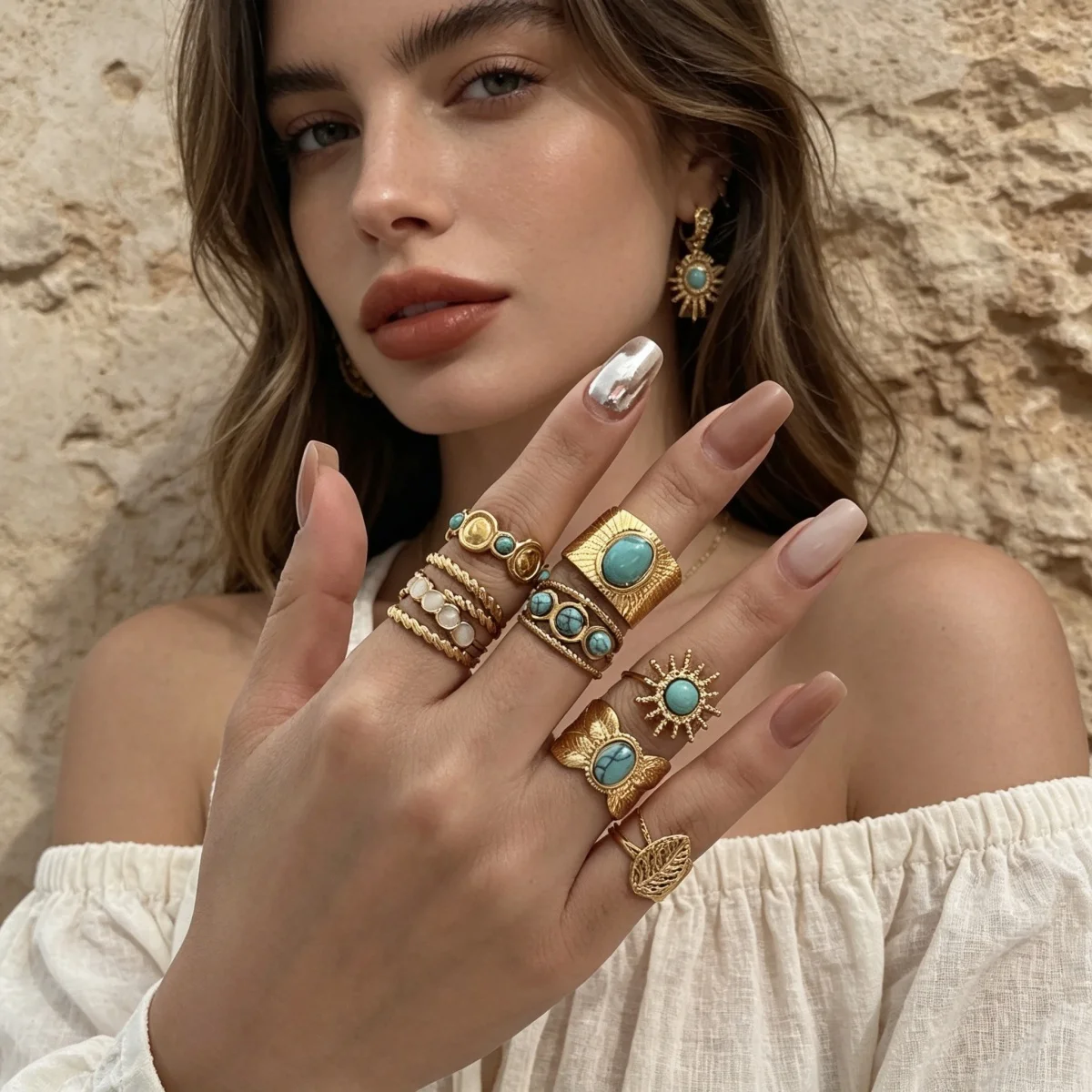 Edelstahl Blau Naturstein Geometrische Fingerringe für Damen und Herren Französischer Vintage Sonnenblumen-Blatt Runder Ovaler Ring Schmuck – Detail 10
