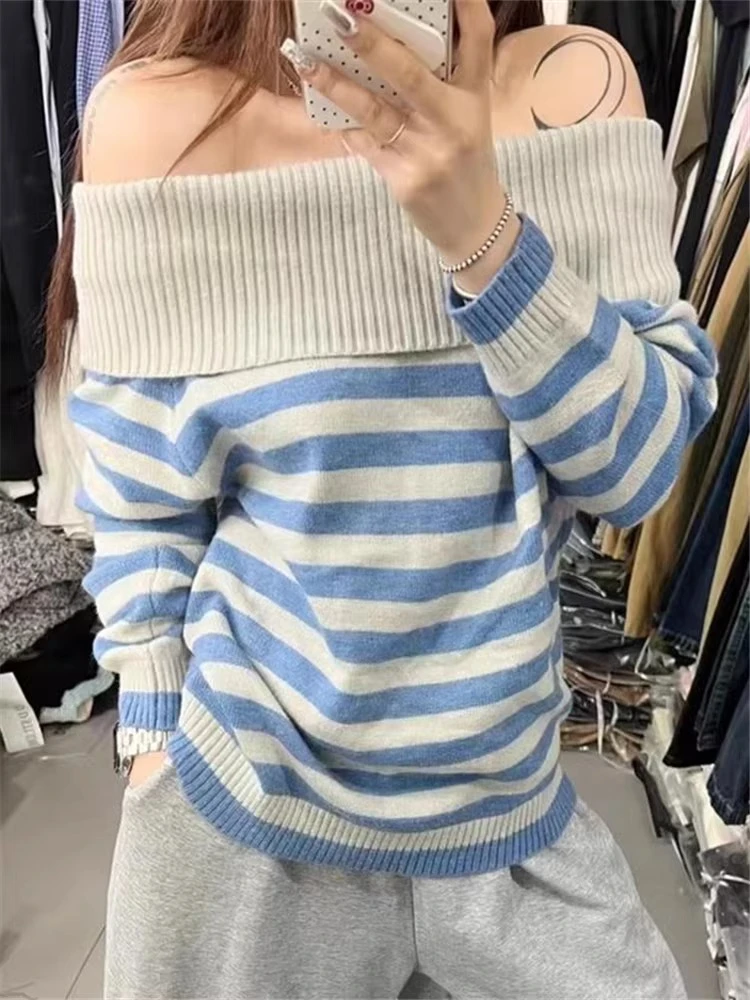 Harajuku Slash Neck Stripe Sweaters Autumn Grunge Vintage Women Loose Pullovers Y2k Aesthetic Off Shoulder Casual Knitted Jumper