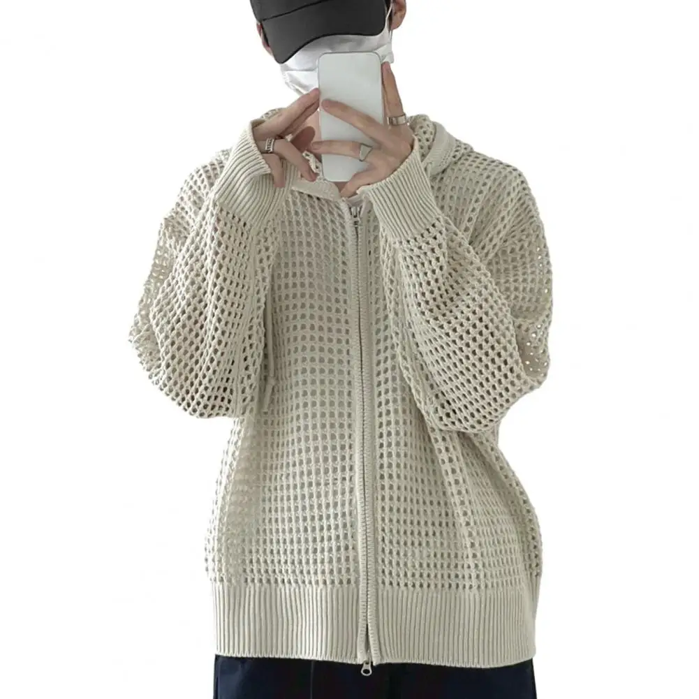 Men Knitted Jacket Polyester Fiber Jacket Hooded Hop Cardigan Stylish Men\'s Winter Jacket with Hollow Out Design Zipper Closure
