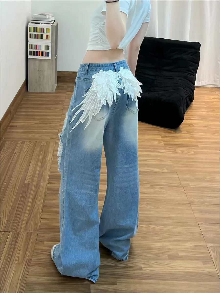 Summer Women's Ripped Rhinestone Jeans American Casual Fashion High Street Washed Wing Appliques Female Blue Shiny Denim Pants