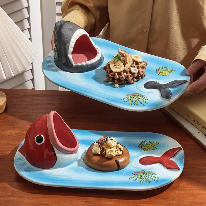 Creative Shark Shape Ceramic Plate, Japanese Cartoon Sushi Serving Dish, Cartoon Dessert Salmon Sashimi Plate,Kitchen Decoration