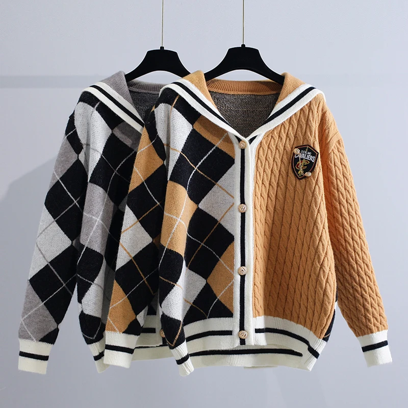 ELLIEXI Women Patchwork Cardigans Knitted Diamond Pattern Navy Collar Cardigan Button Up Cavaliers Sweater Women 2022 Winter