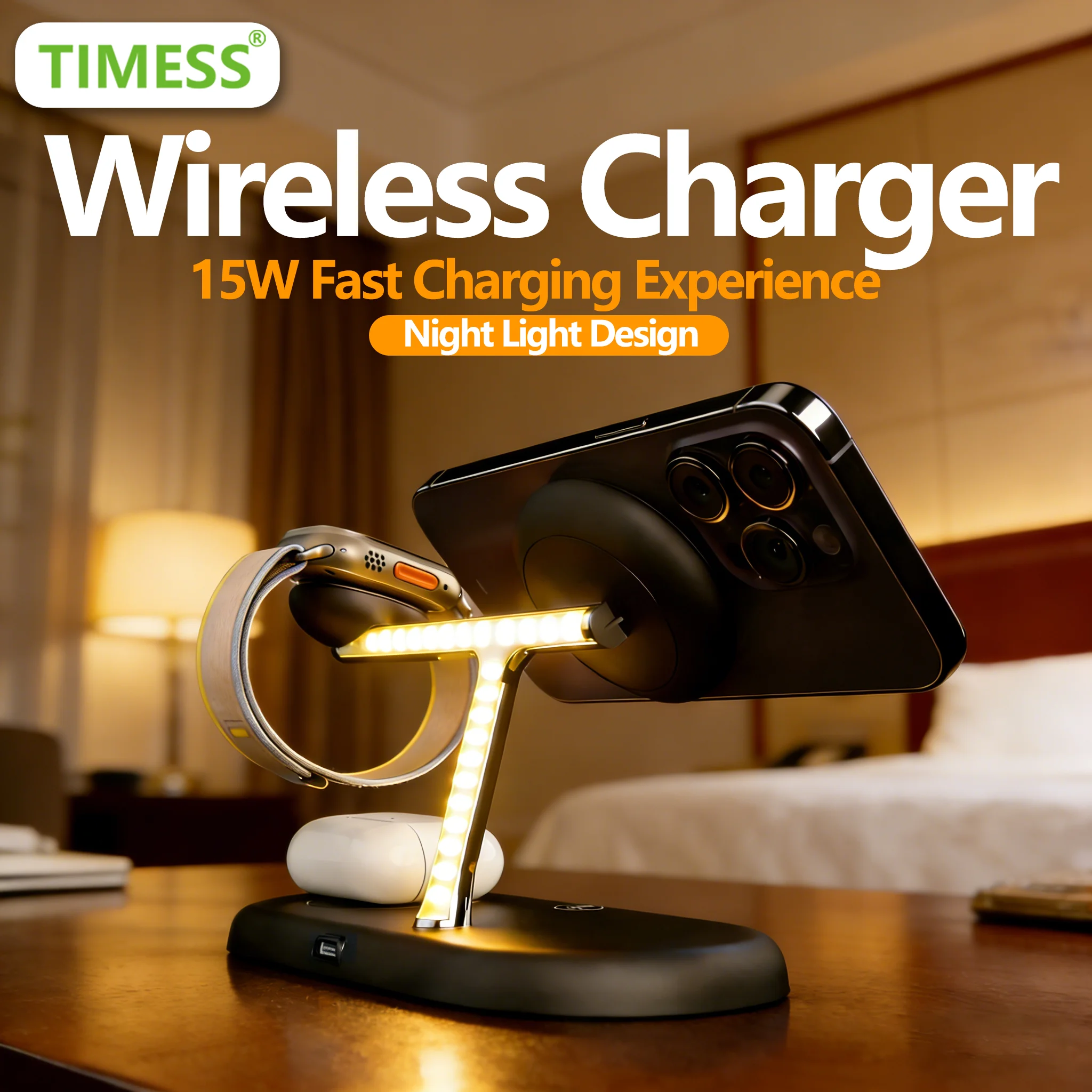 

Беспроводное зарядное устройство TIMESS NIGHT LIGHT 3-в-1 для iPhone 17, 16, 15, 14 PRO MAX, AirPods Pro и Apple Watch