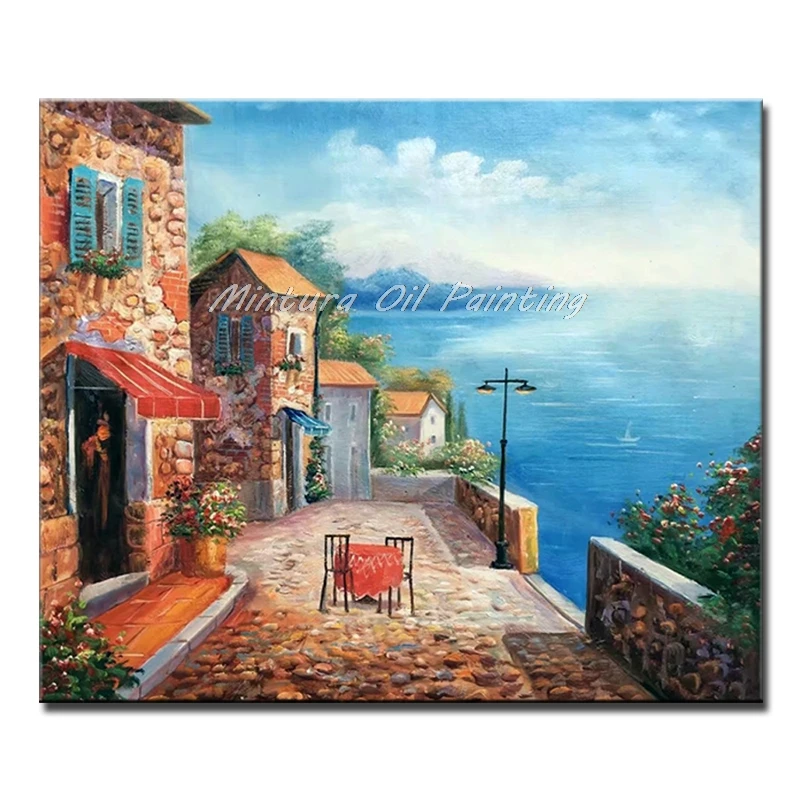 

Mintura Hand-Painted Mediterranean Scenery Oil Painting On Canvas,Modern Landscape Wall Pictures For Living Room Home Decoration