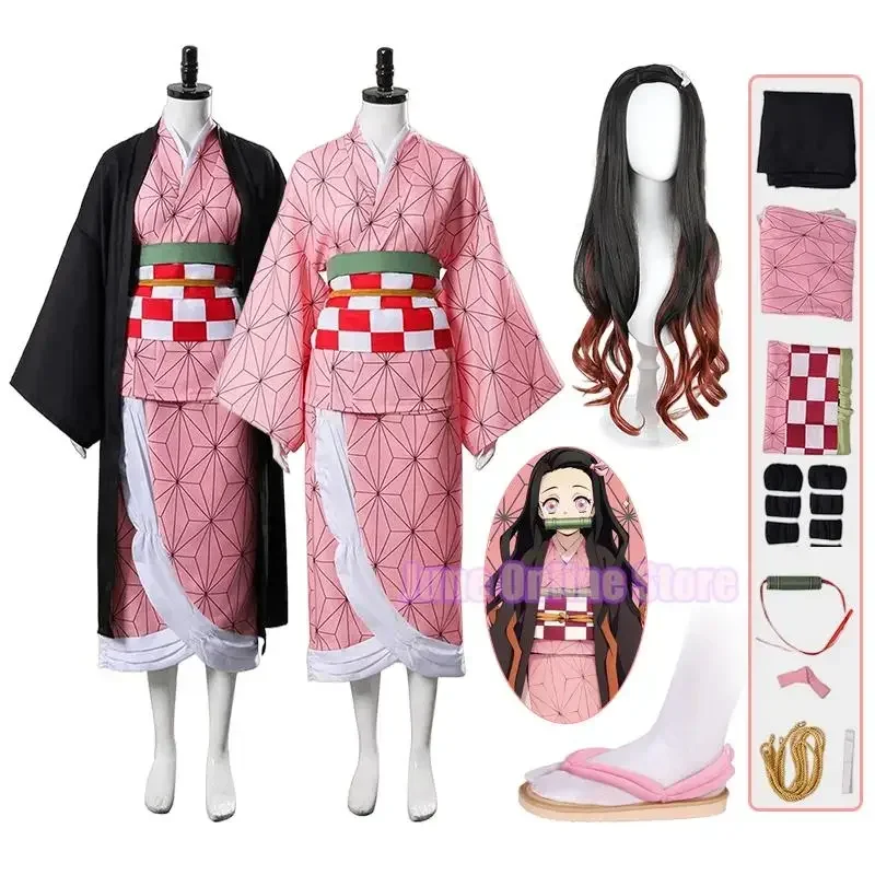 Anime Kamado Nezuko Cosplay Fantasias, Assassino de Demônios, Kimetsu no Yaiba, quimono, Haori, peruca, tamancos, terno para adultos, crianças, Halloween