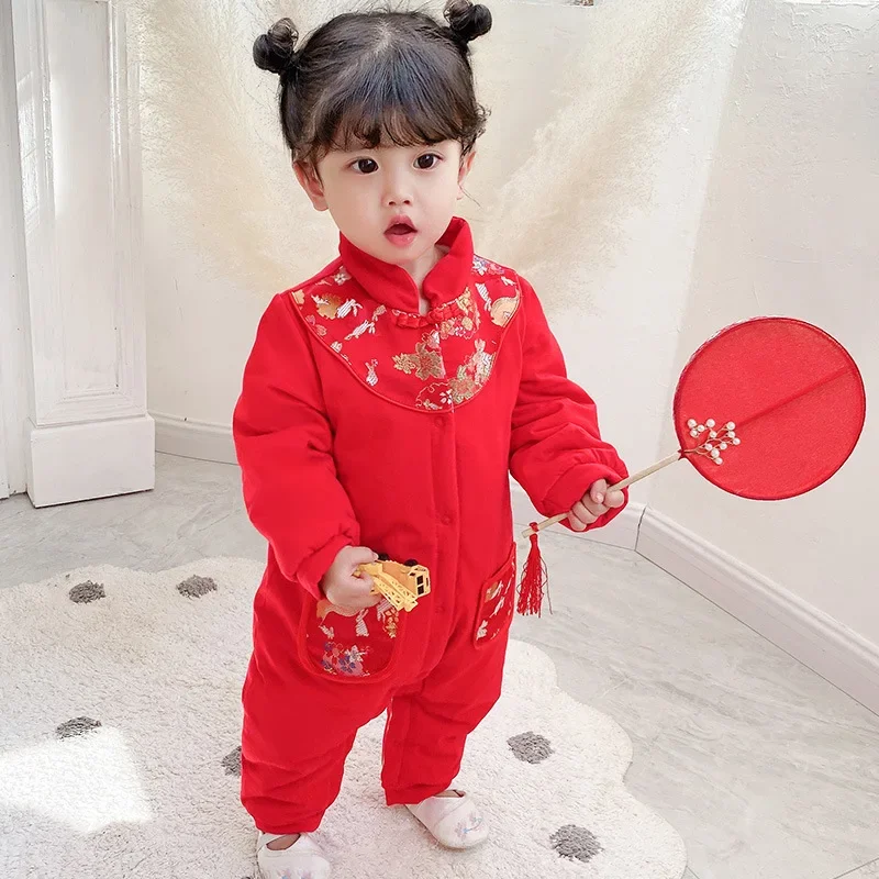 2 Colors Chinese Traditional Pure Cotton Clothes for Baby Girl Kawaii Red Romper Embroidery Hanfu Tang Suit New Year Outfit