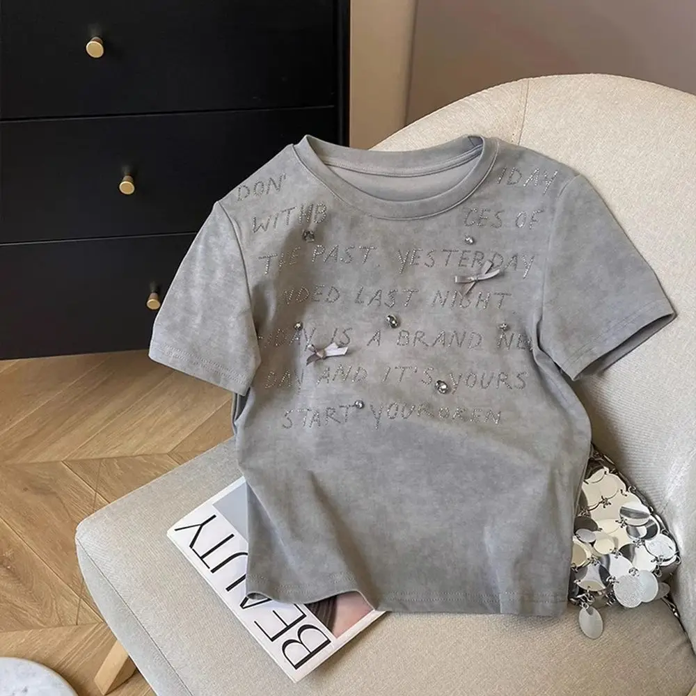 Summer New Women's Grey Short Sleeve T-Shirt Diamond Patch Korean Chic O-Neck Slim Fit Shoulder Female Versatile Tops