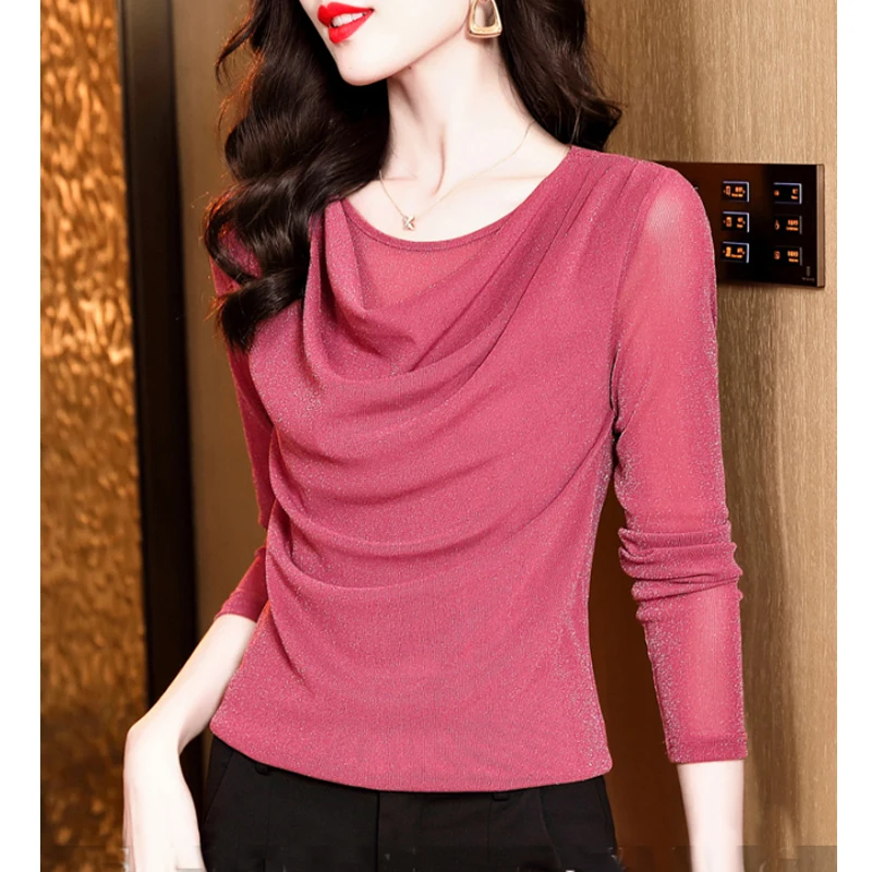 New Fashion Women Tops 2024 Autumn Winter Long Sleeve Bottoming T shirt Swinging Collar Bright Silk Long Sleeve Mesh Tees