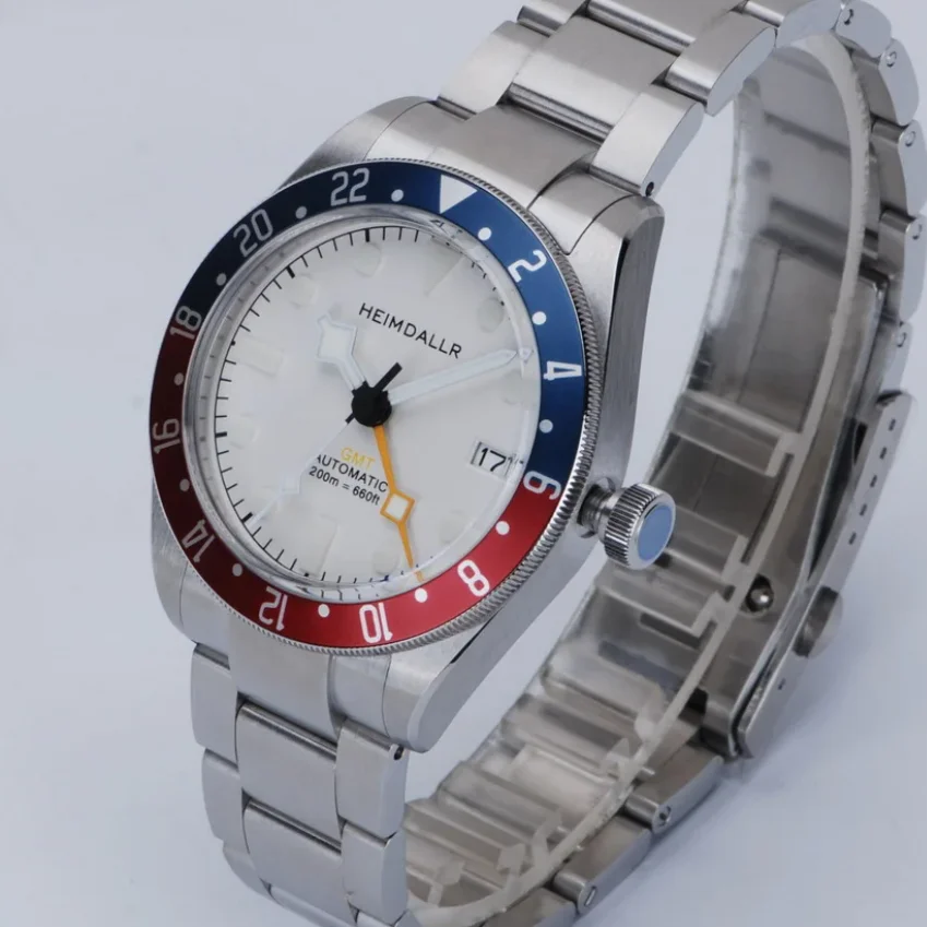 Heimdallr Men Automatic Watch GMT 42.3mm Mechanical Wristwatch Dive 200m Waterproof Luminous Rotatable Cola Aluminium Bezel NH34