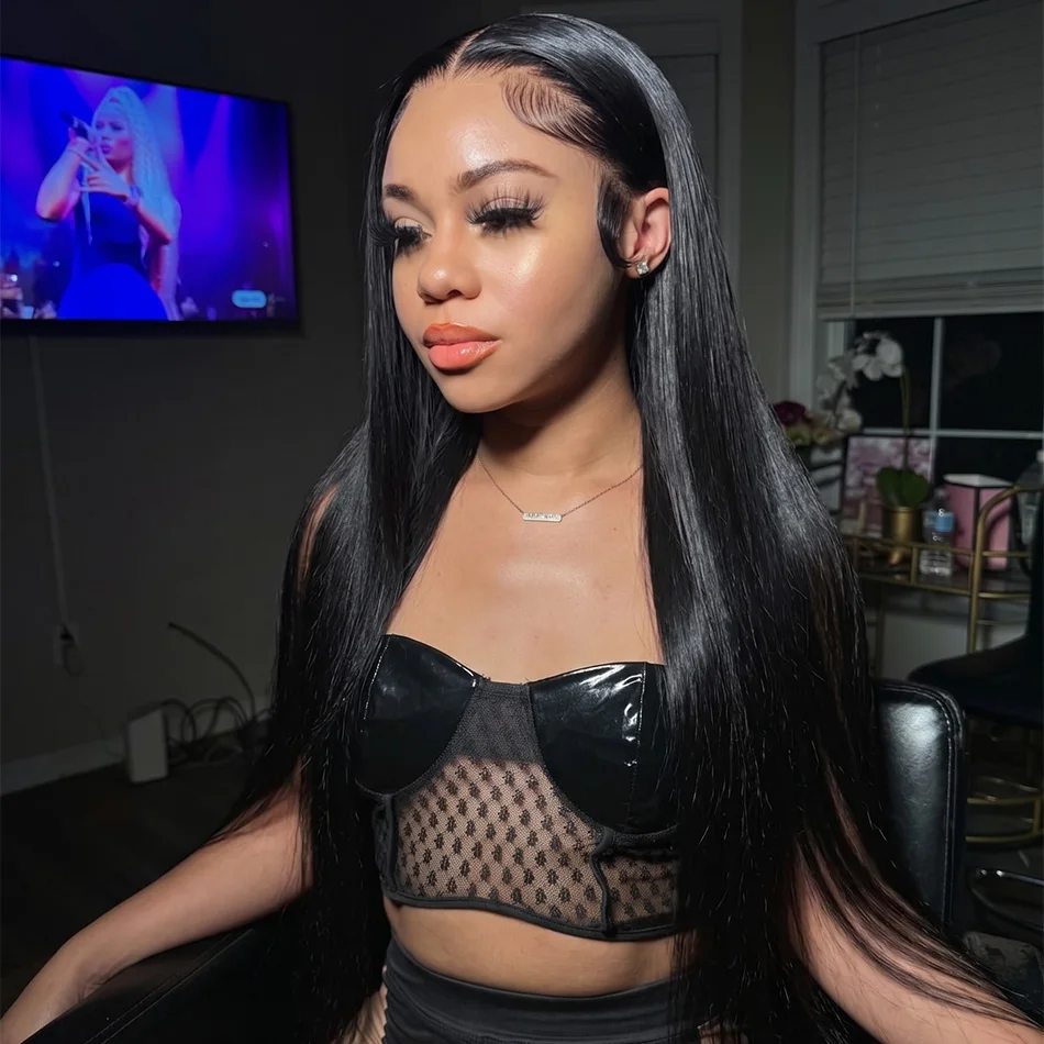 

Bone Straight Natural Black 40 Inch 250% Density Remy Human Hair Wig 13x4 13x6 HD Lace Bleached Knots 5x5 Glueless Wear and Go