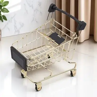 

1pc Mini Shopping Golden Storage Basket For Home Storage Box Office Decor Photo Props Gift Desktop Trolley Ornaments