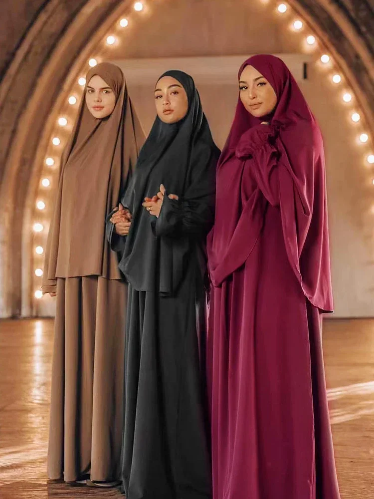 

Eid Hooded Muslim Women Long Khimar Hijab Dress Set 2 Pieces Prayer Garment Abaya Ramadan Gown Dress Sets Islamic Niqab jilbab