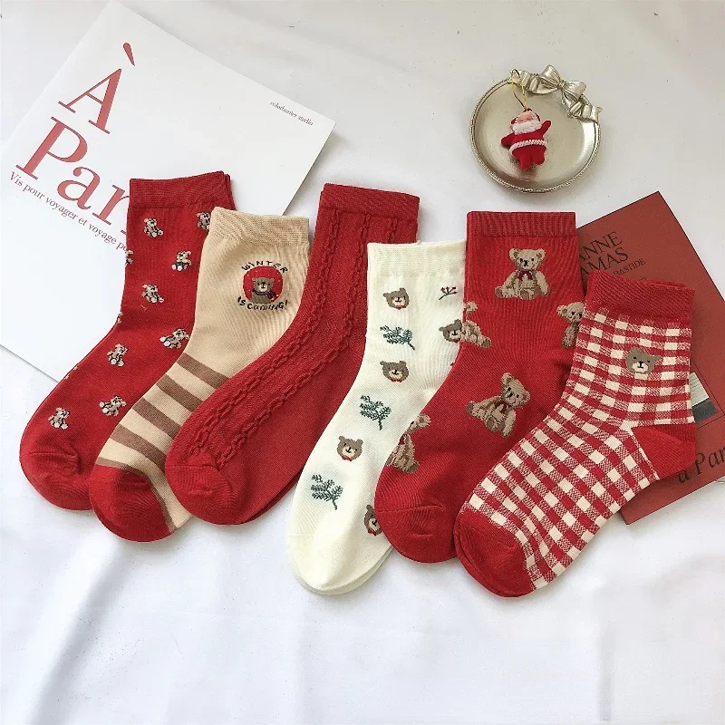 

Red Bear Women Socks Warm for Autumn Winter Japanese Korean Style Happy New Year Gift Fashion Student Cotton Sox Middle Tube