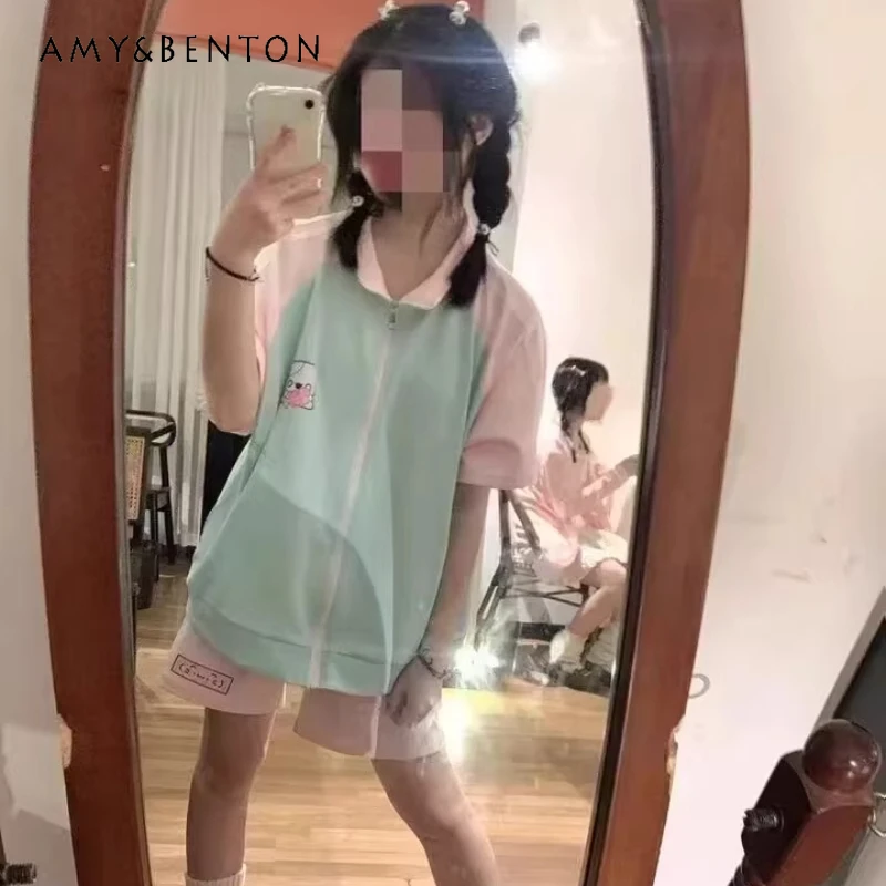 

2025 New Japanese Summer Cute Subculture Kitten Print Color Matching Fish Bone Casual Short-sleeved Jacket Sports Suit For Women