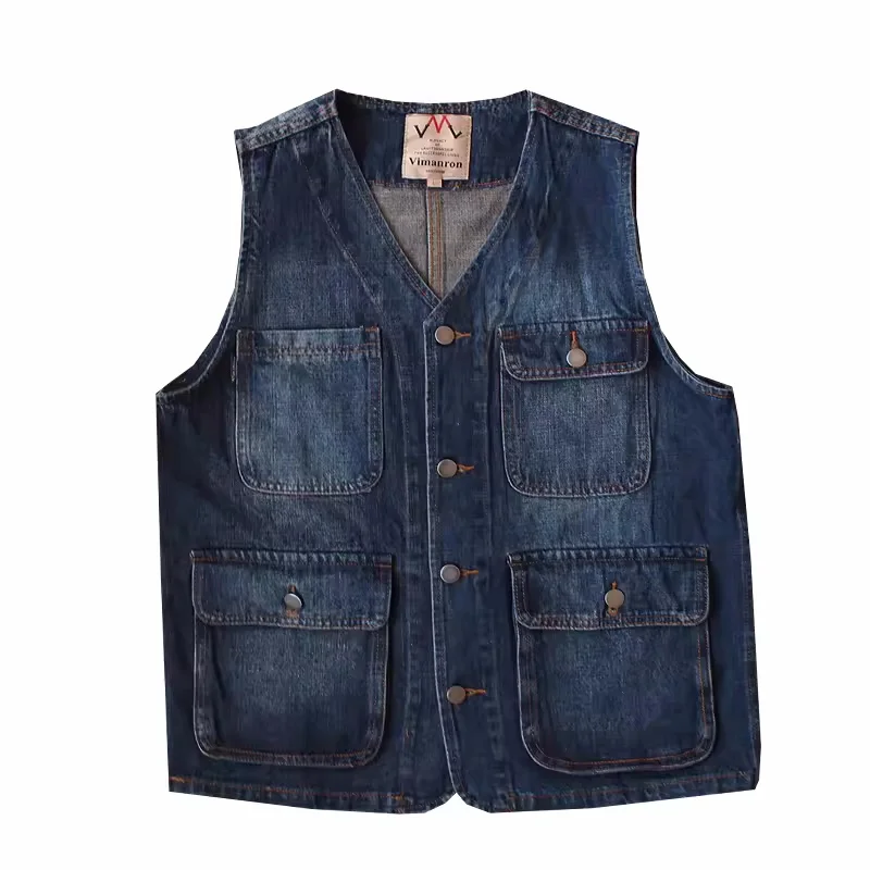 

American Vintage Distressed Washed Denim Vest for Men Multi Pockets Workwear Tank Top Heavyweight High Quality 100% Cotton Coats