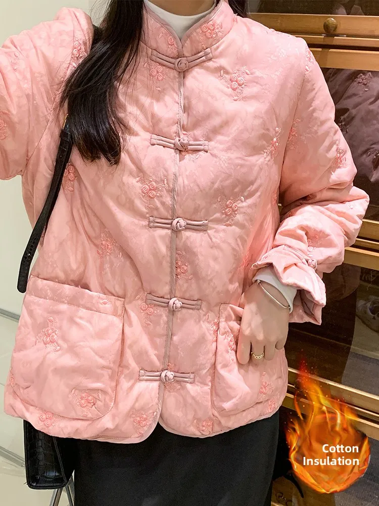 

Женская хлопковая куртка в стиле ретро в китайском стиле с вышивкой и застежкой на пуговицы, длинная зимняя верхняя одежда с воротником-стойкой...