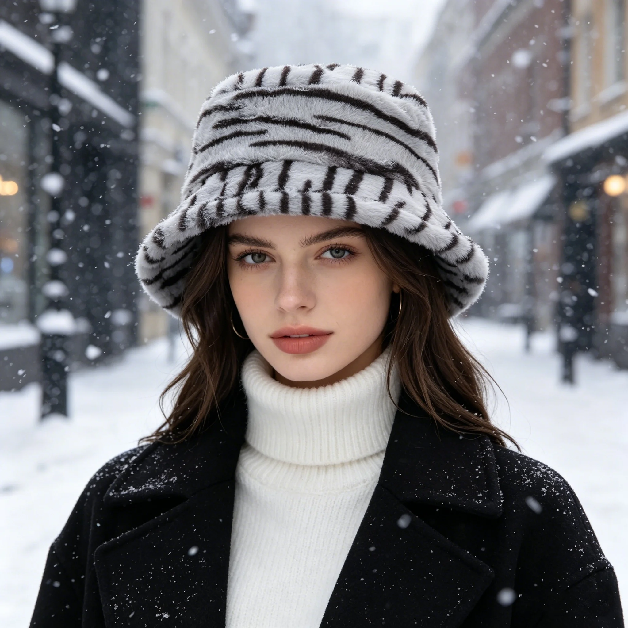 Women's Winter Plush Striped Bucket Hat in Pink, White, and Light Brown with Tiger Print. Fluffy and Warm with a Plush Texture. Vintage Style, Versatile for Pairing with Sweaters and Coats on Snowy Days