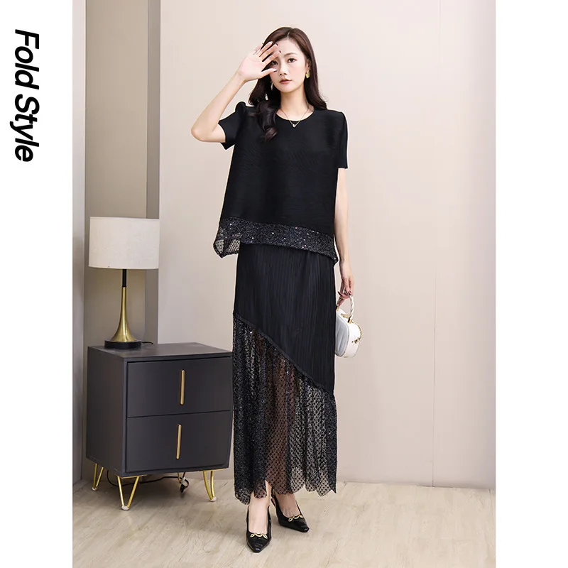 

Miyake Summer Temperament Mesh Splicing Loose Fashion Suit Women's Clothing 2025 New Simple Lace Skirt Two-piece Set