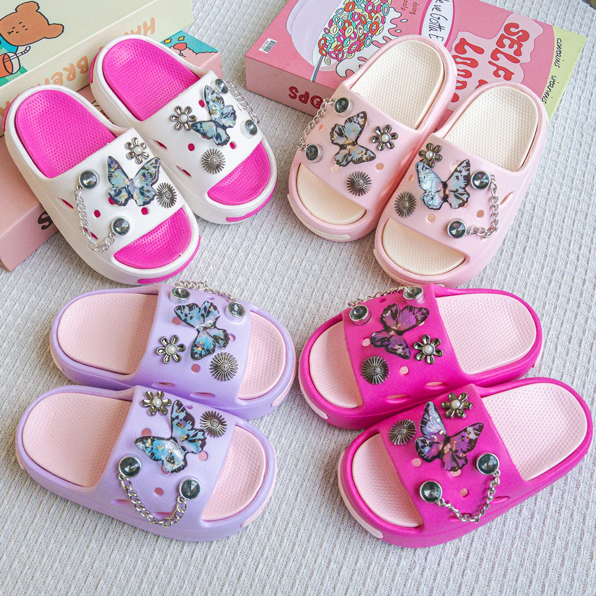 

Новые популярные универсальные тапочки из ЭВА с рисунком синего и черного бабочки для девочек, модные нескользящие сандалии на двойной мягкой подошве 831