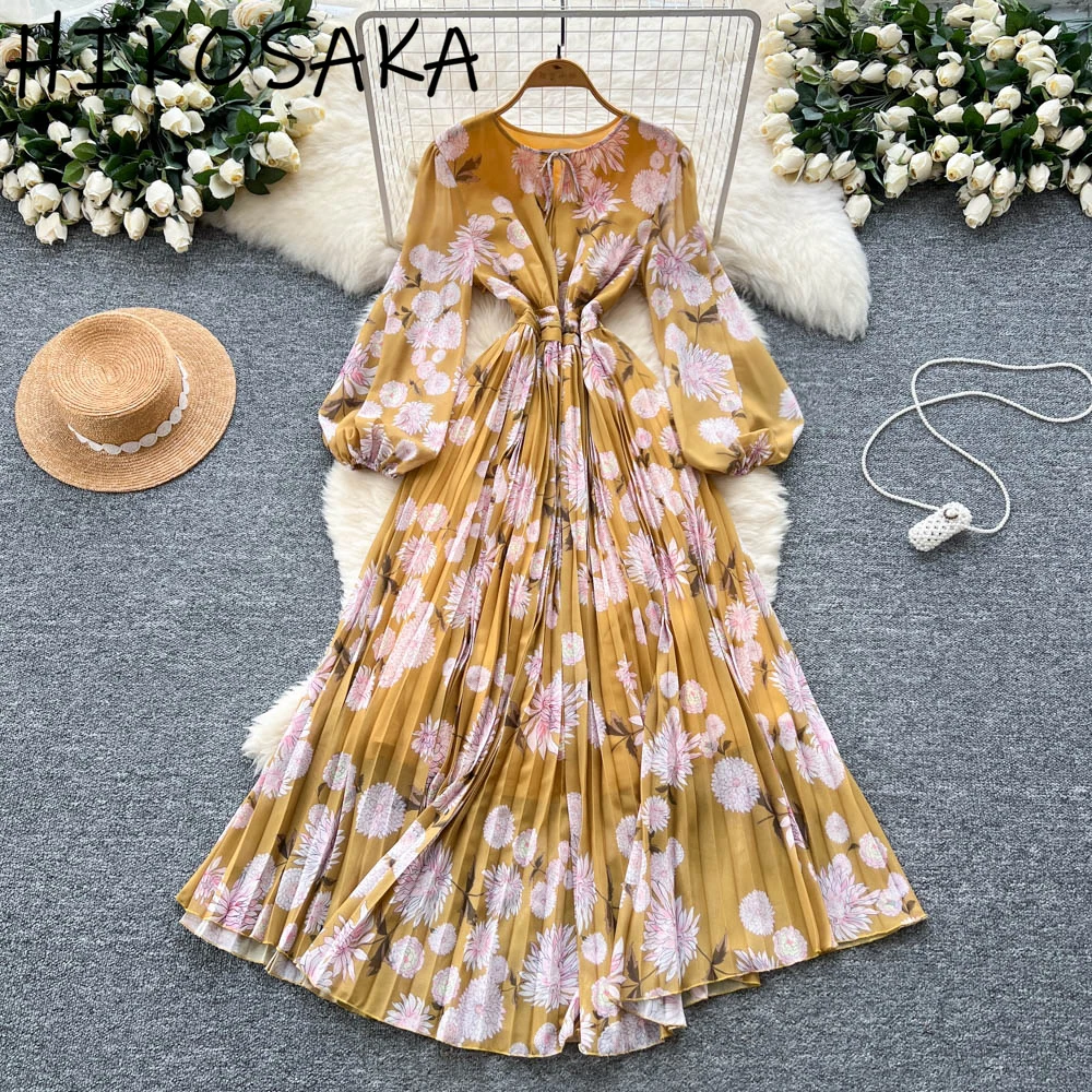 

Retro Lantern Sleeve Pleated Long Dress Women French Style Elegant Fashion Print Drape Robe Summer O-neck Slim Waist Ropa Mujer