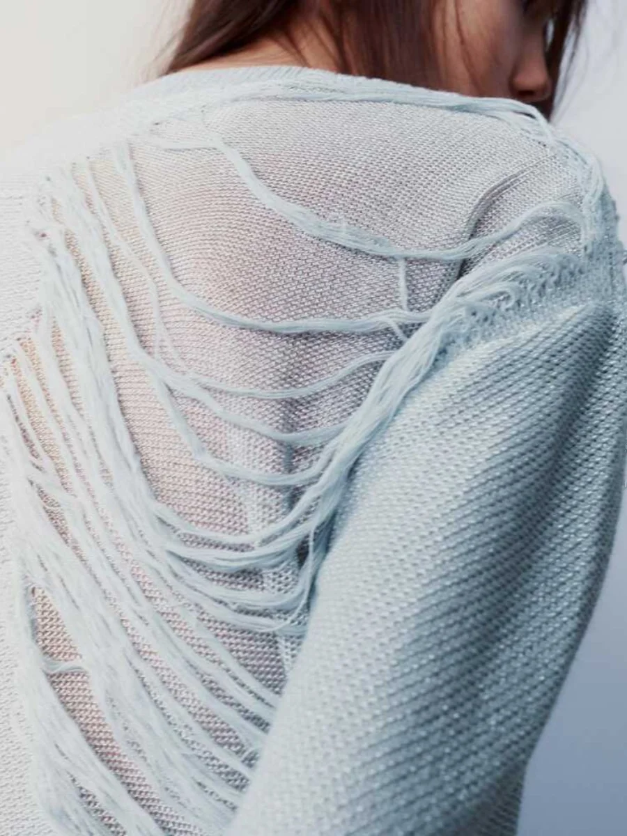 Nova Moda Primavera 2024 Suéter F de Malha de Manga Longa com Decote Redondo e Design Decorativo de Furos Confortável ...