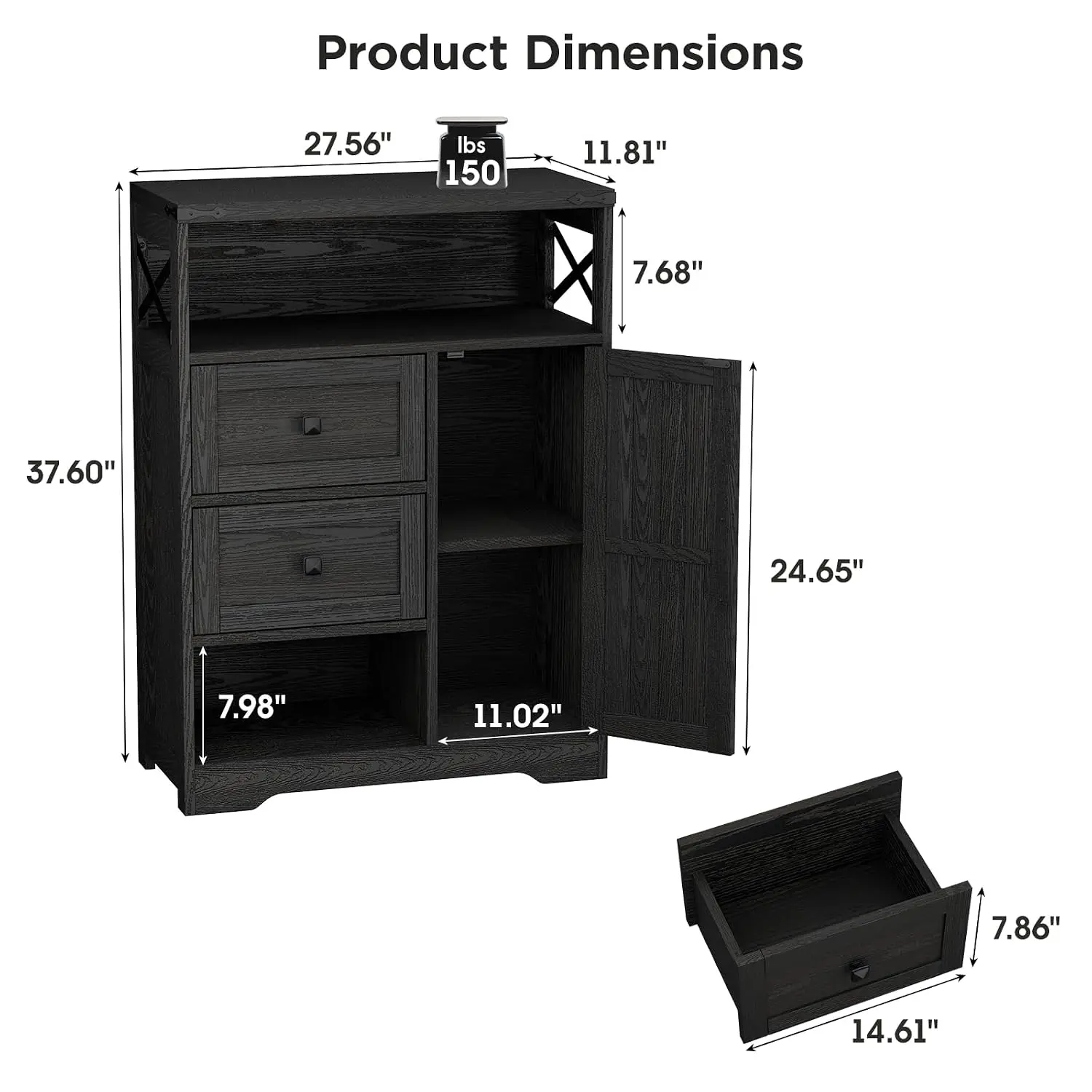 Farmhouse Buffet Sideboard Cabinet with 2 Drawers and Open Shelf
