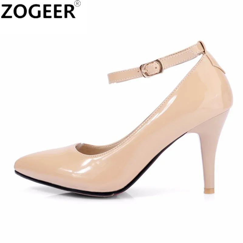 Fashion Women\'s Pumps Shoes Elegant Ankle Straps Thin High Heels Red Nude Heeled Office Party Wedding Shoes Woman Large Size 46