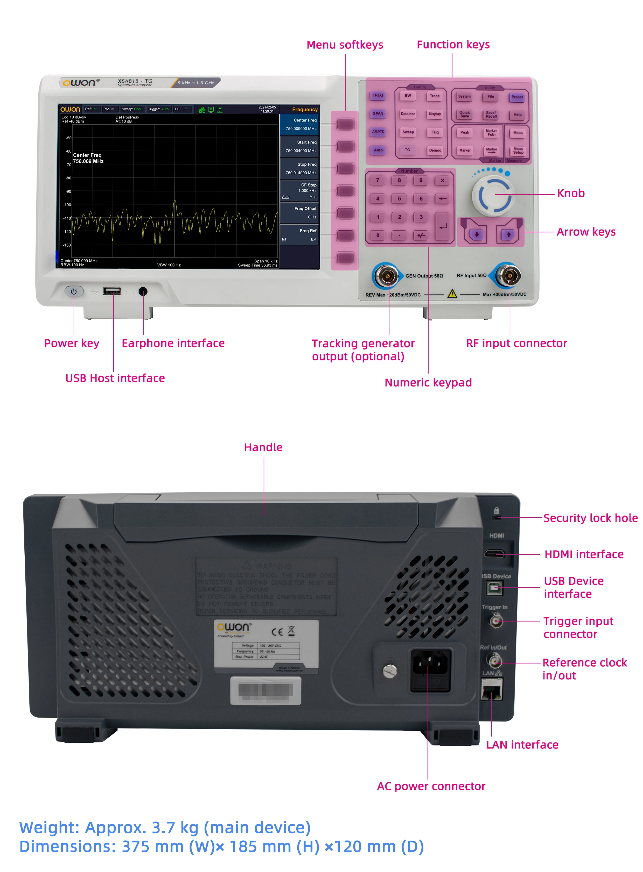 OWON XSA800-Serie Spektrumanalysator Frequenzbereich von 9 kHz bis 1,5 GHz Auflösungsverhältnis 1280×800 9 Zoll LCD XSA805/815 – Detail 7